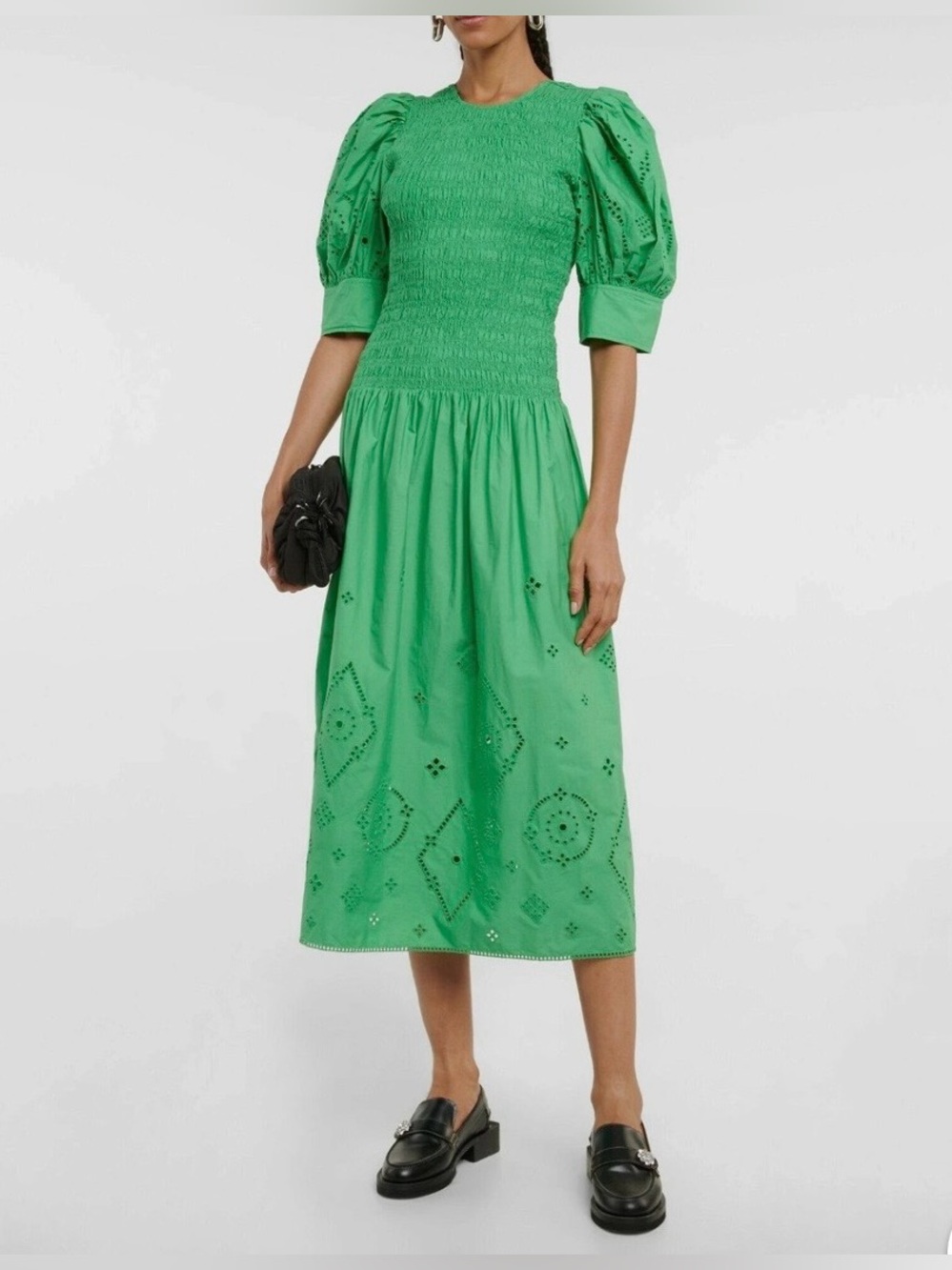 Ganni Broderie Anglaise Eyelet Cotton Midi Drop Waist Puff Sleeve Low Back Dress